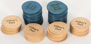 77 Gilbey’s Port Engraved Wood Advertising Poker Chips.