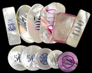 11 Miscellaneous Engraved Mother of Pearl Gambling Chips.