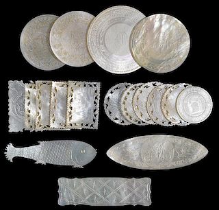 18 Miscellaneous Engraved Mother of Pearl Gambling Chips.