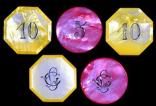 Set of Five Mother of Pearl Gambling Chips.