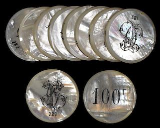 Set of 10 Round Mother of Pearl Gambling Chips.