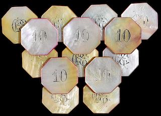 Set of 14 Octagonal Mother of Pearl Gambling Chips.