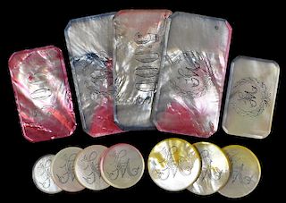 Set of 12 Mother of Pearl Gambling Chips.