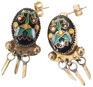 Pair of 14k Gold Earrings After Cloisonne, 10.7g