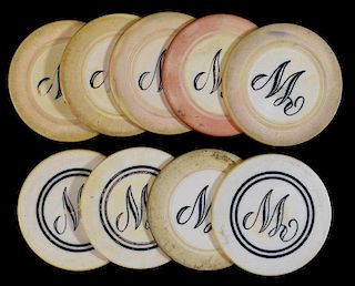Set of Nine Scrimshawed Ivory Poker Chips Initialed “W”.