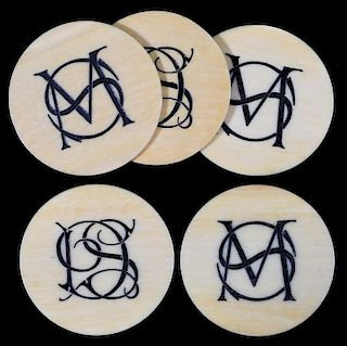 Set of Five Scrimshawed Ivory Poker Chips Initialed “D.S.” and “M.S.”