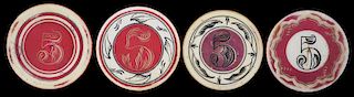 Four $5 Scrimshawed Ivory Poker Chips with Red Centers or Red Border.