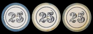 Set of Three $25 Scrimshawed Ivory Poker Chips.