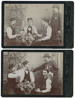 Pair of Cabinet Card Photographs. Officer Breaking Up a Poker Game.