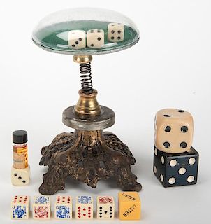 Dice Shaker Spring Loaded on Cast Iron Base and Miscellaneous Dice.