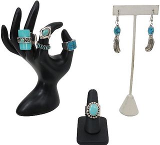 (5) Turquoise/Silver Rings and Pair Of Earrings
