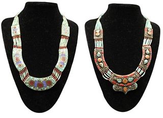 (2) Tibetan Silver, Coral  & Turquoise Necklaces