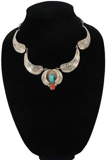 Silver Necklace With Turquoise & Coral, 1.83OZT