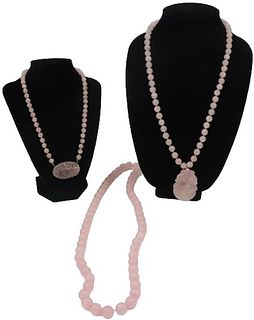 (3) Rose Quartz Necklaces, 2 with Carved Pendants