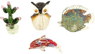 (4) Art Glass Figures Owl, Cactus, Dolphin, Fish