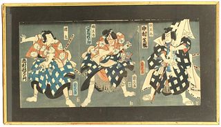 Triptych Japanese Woodblock of Samuraii Warriors