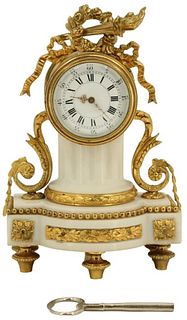 French Alabaster & Fire Gilt Bronze Mantle Clock
