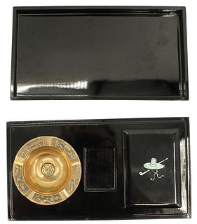 Dragon Inlaid Cigarette Box W/ Brass Ash Tray