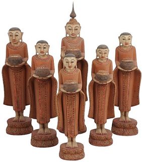 Collection of (6) Carved Wood Procession of Monks