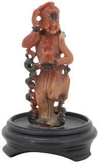 Chinese Carved Agate Figure on Wood Base