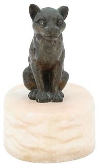 Diminutive Bronze Cat Perched on a Marble Stand