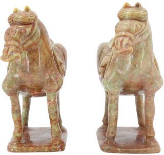 Pair of Green Onyx Horses with Red Veining