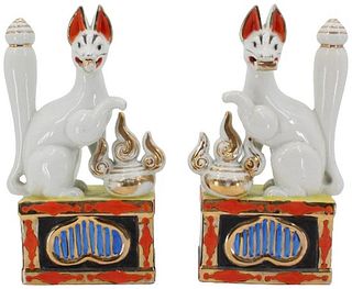 Pair Unique Mid-Century Painted Ceramic Foo Foxes