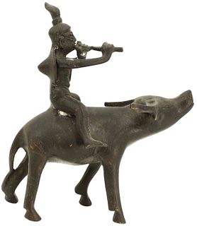 Central Asia Bronze Fluted Rider on Water Buffalo