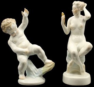 (2) Herend Porcelain Nude Male & Female Figures