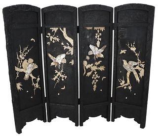 Japanese 4 Panel Black Lacquered Floor Screen