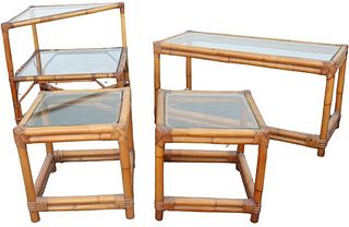 (4) 1930 Paul Frankl Style Bamboo Tables w Glass