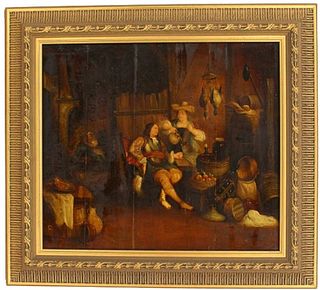 European Tavern Genre Painting Oil on Board Signed