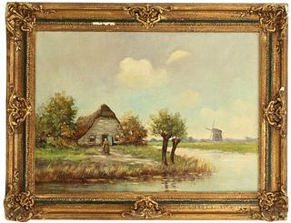 Signed Oil On Canvas House & Windmill