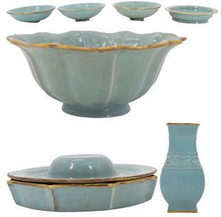 (8) Chinese Celadon Pieces With Gilt Rim