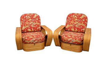 A Pair of Paul Frankl Bamboo Rattan Streamline Club Chairs
