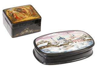 (2) RUSSIAN FEDOSKINO & OTHER LACQUERED PAPIER-MACHE BOXES