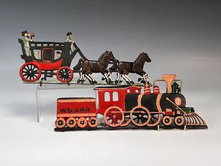 TWO METAL HAND PAINTED WALL PLAQUES LOCOMOTIVE & STAGECOACH 