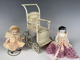 TINY ANTIQUE PORCELAIN DOLLS AND WHEELCHAIR