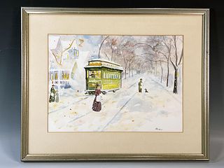 SIGNED TROLLEY WATERCOLOR
