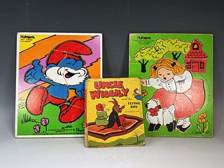 VINTAGE CHILDREN'S WOODEN PUZZLES AND UNCLE WIGGLY BOOK
