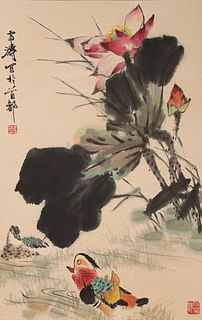 Attributed to Wang Xuetao, Chinese Mandarin Ducks And Lotus Flowers Painting