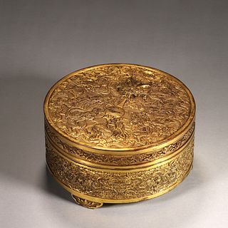 A Dragon Patterned Three-Legged Gilding Copper Box, Qianlong Period Mark