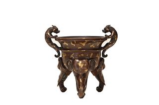 A Gold Painted Bronze Chilong-Eared Censer
