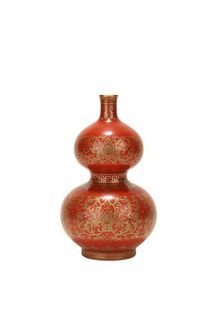 A Iron-Red Glaze Gilt-Inlaid Flower Double-Gourd-Shaped Vase