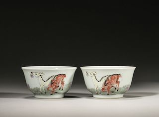A Pair of Famille Rose Deer Porcelain Bowls