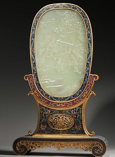 A Cloisonne Enamel Inlaid White Jade Figure Story Table Screen