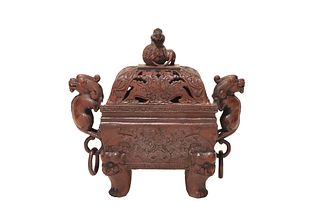 A Carved Bamboo Lion-Eared Censer
