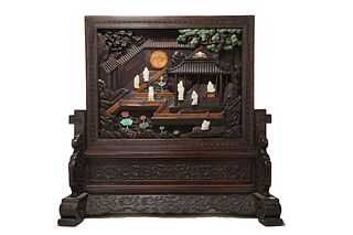 A Sandalwood and White Jade Figure Table Screen