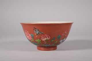 A Coral-Red Ground Enamel Flower Bowl