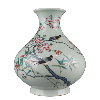 A Celadon-Green Glaze Famille Rose Flower and Bird Vase with Inscription